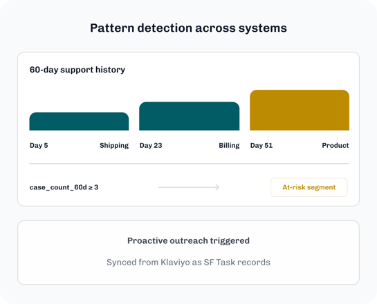 Pattern detection across 60 days of support history feeding an at-risk segment
