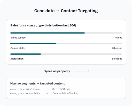 Salesforce case type distribution syncing to Klaviyo segments for targeted content
